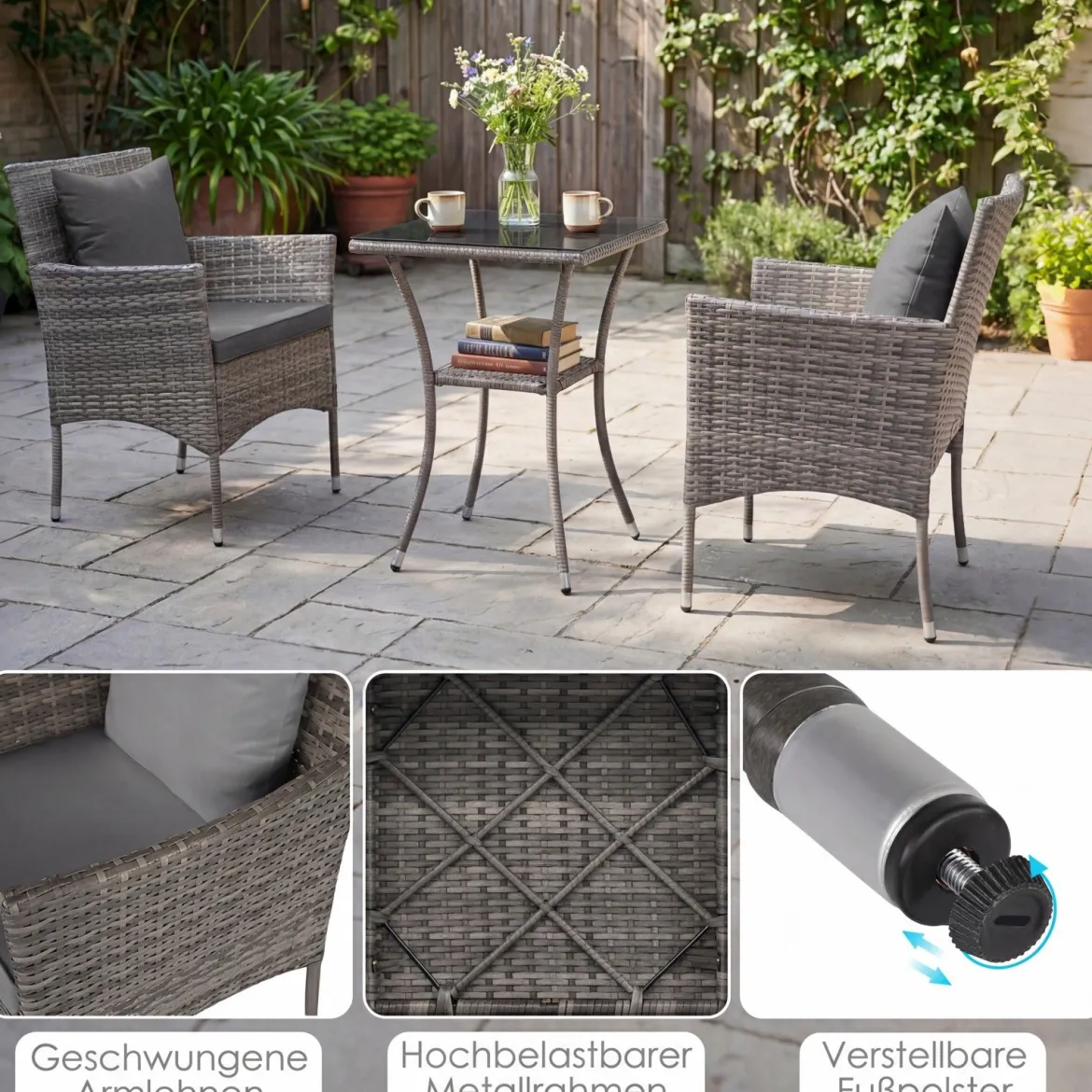 3-teiliges Gartenmöbel Set Balkon Set inkl. 2 Rattanstühle mit doppellagigem Tisch Beige/Grau