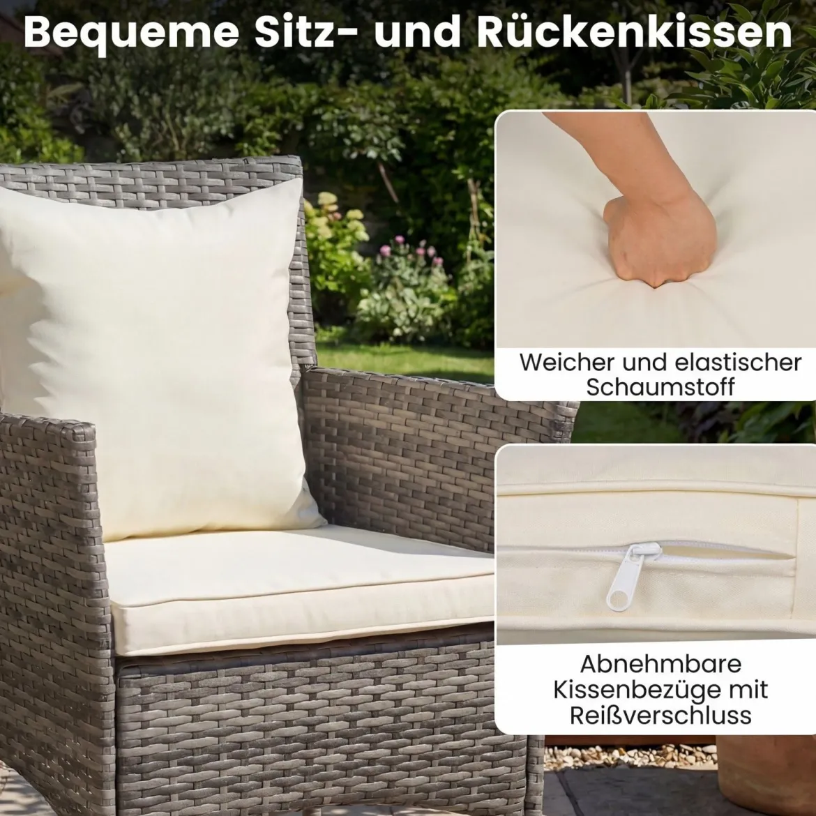 3-teiliges Gartenmöbel Set Balkon Set inkl. 2 Rattanstühle mit doppellagigem Tisch Beige/Grau