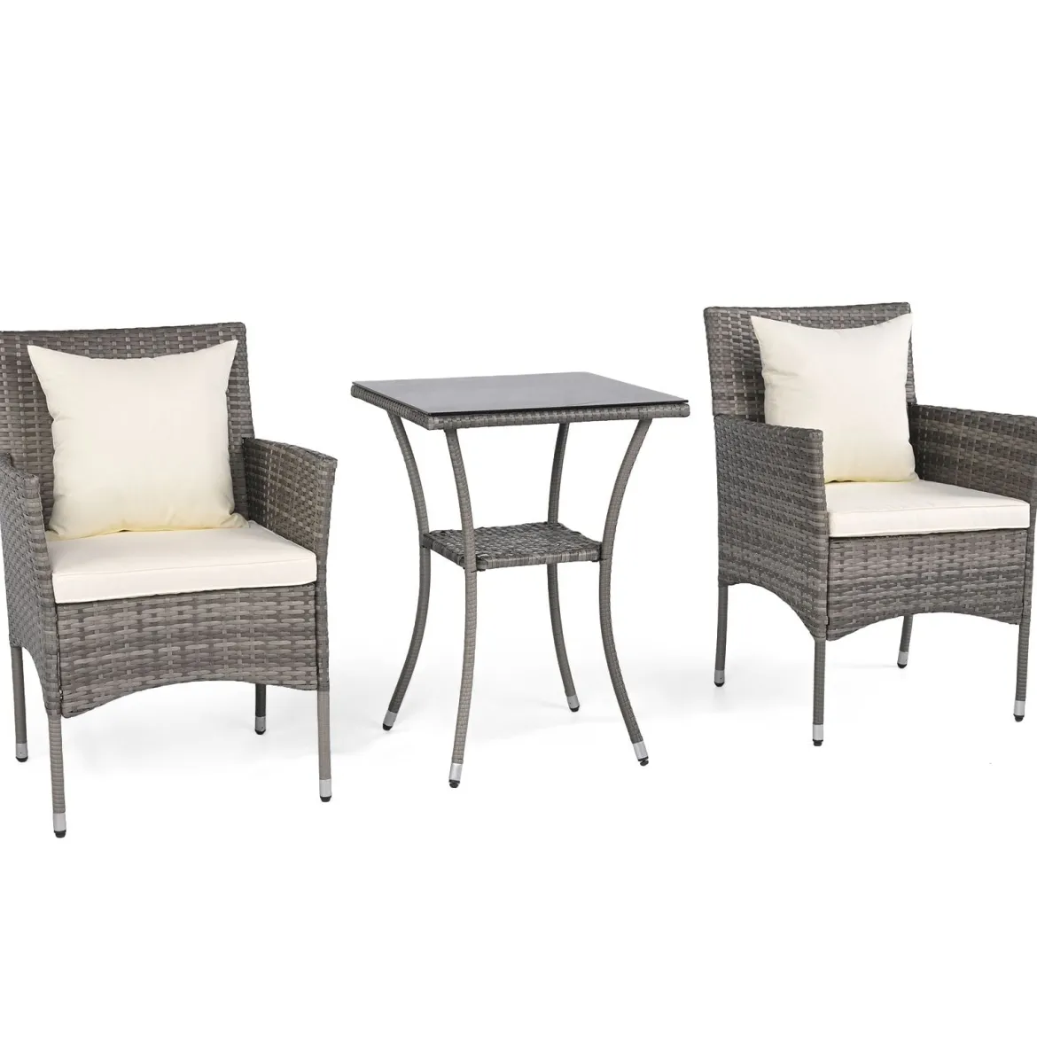 3-teiliges Gartenmöbel Set Balkon Set inkl. 2 Rattanstühle mit doppellagigem Tisch Beige/Grau
