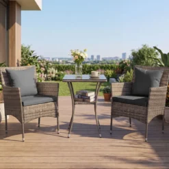 3-teiliges Gartenmöbel Set Balkon Set inkl. 2 Rattanstühle mit doppellagigem Tisch Beige/Grau