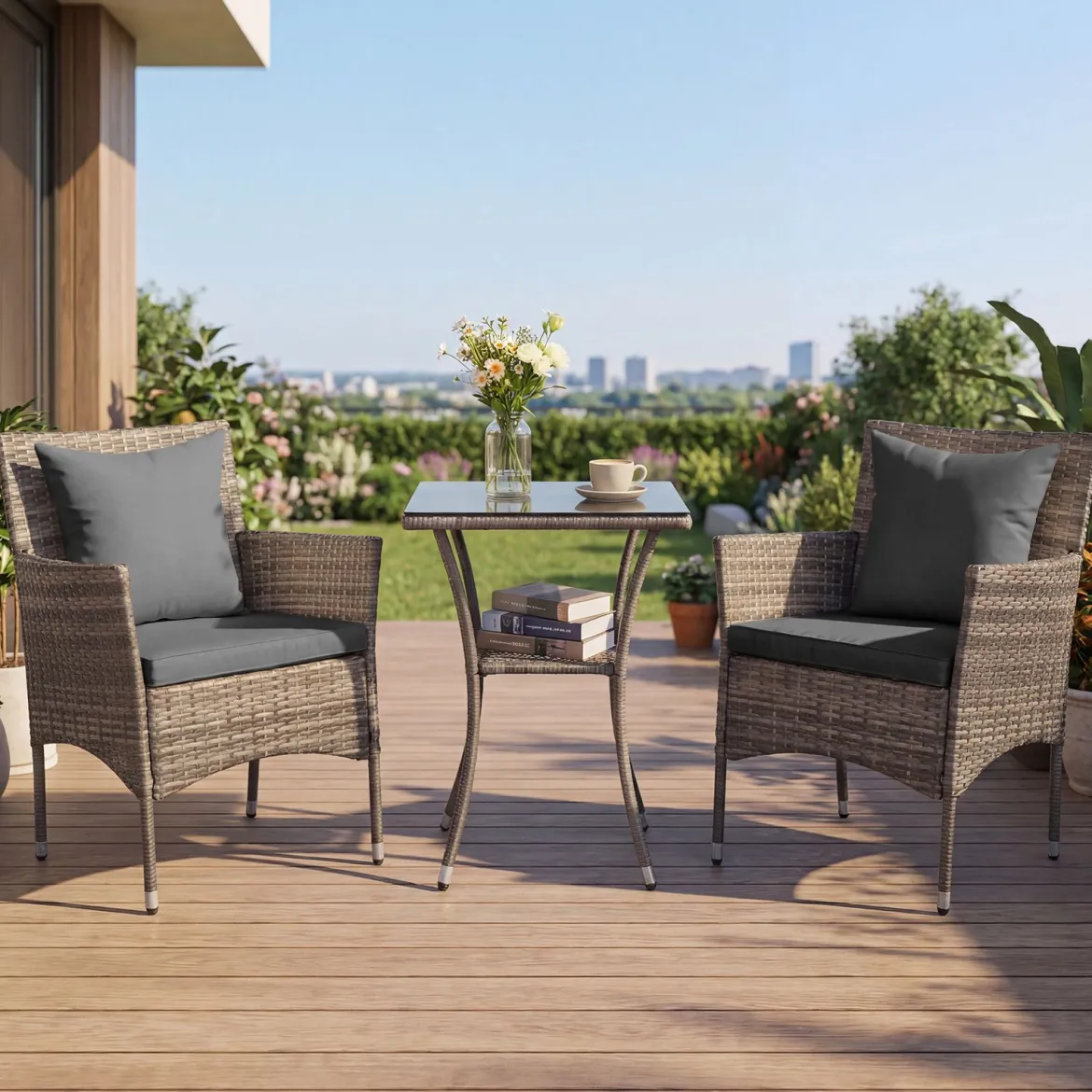 3-teiliges Gartenmöbel Set Balkon Set inkl. 2 Rattanstühle mit doppellagigem Tisch Beige/Grau