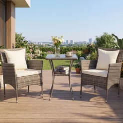 3-teiliges Gartenmöbel Set Balkon Set inkl. 2 Rattanstühle mit doppellagigem Tisch Beige/Grau