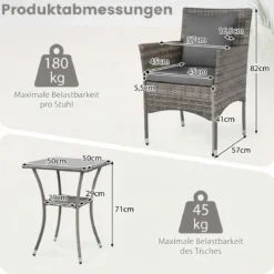 3-teiliges Gartenmöbel Set Balkon Set inkl. 2 Rattanstühle mit doppellagigem Tisch aus gehärtetem Glas Grau