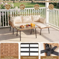 3-Teiliges Gartenmöbel Set Outdoor L-förmiges Sofa mit Couchtisch Rattan Sitzgruppe mit Metallrahmen