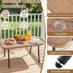 3-Teiliges Gartenmöbel Set Outdoor L-förmiges Sofa mit Couchtisch Rattan Sitzgruppe mit Metallrahmen