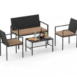 4-teiliges Gartenmöbel-Set Outdoor Rattan Stühle & Loveseat mit gehärtetem Glas-Couchtisch Braun