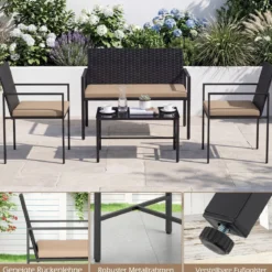 4-teiliges Gartenmöbel-Set Outdoor Rattan Stühle & Loveseat mit gehärtetem Glas-Couchtisch Braun