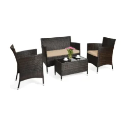 4-teiliges Gartenmöbel Set Polyrattan Balkonmöbel Set mit Sitzkissen Braun