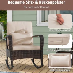 3-Teiliges Gartenmöbel-Set 2 Rattan Schaukelstühlen mit Glastisch Outdoor Sitzgruppe mit Metallrahmen