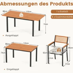 7-Teiliges Gartenmöbel Set Sitzgruppe für 6 Personen Terrassenmöbel Set aus Akazienholz mit 6 Gartenstühlen