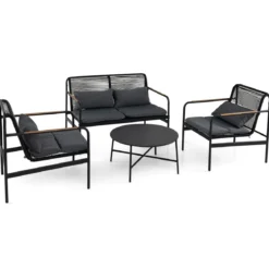 4-teiliges Gartenmöbel Sitzgruppe aus PE-Ratten mit Zweisitzer 2 Sessel & Couchtisch Grau