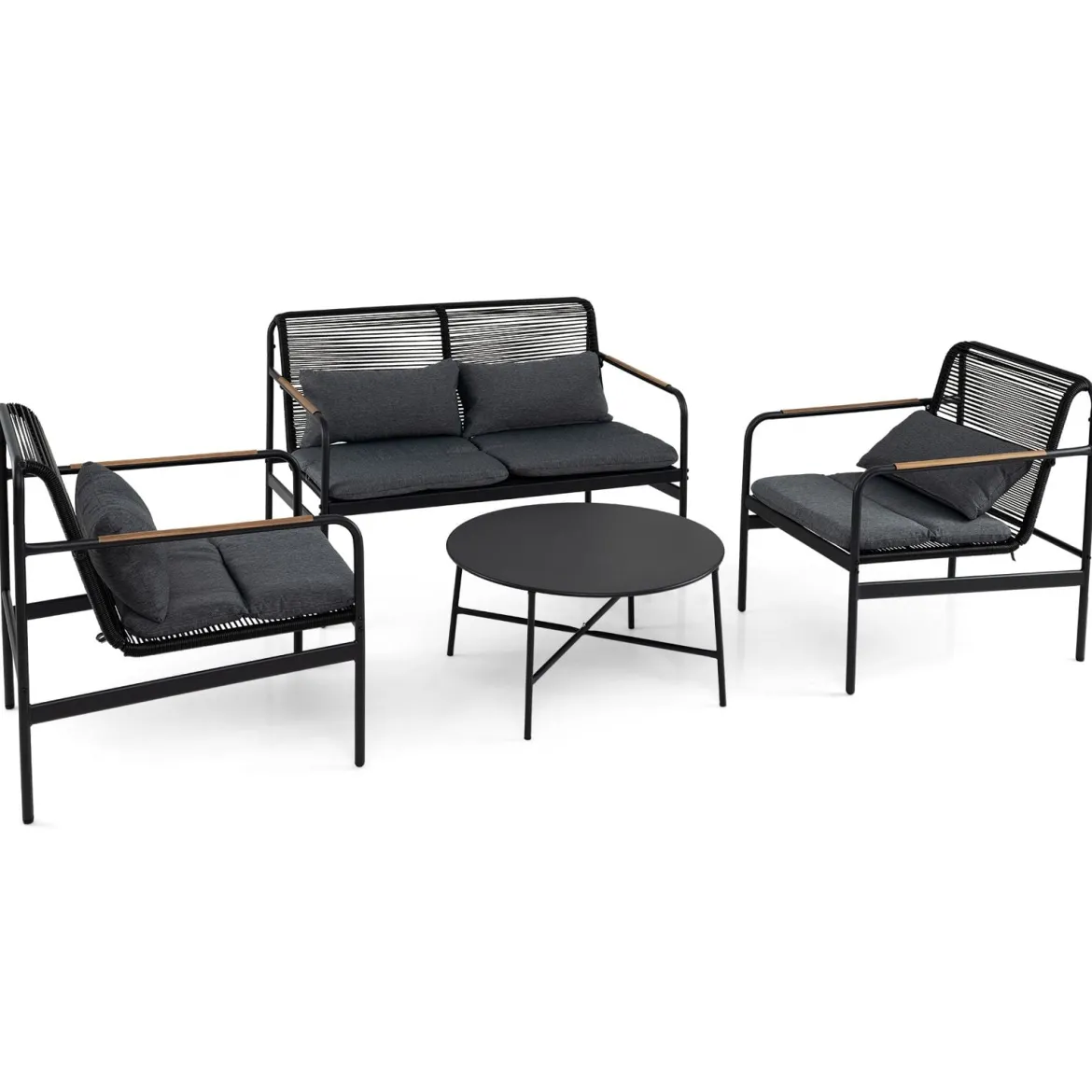 4-teiliges Gartenmöbel Sitzgruppe aus PE-Ratten mit Zweisitzer 2 Sessel & Couchtisch Grau