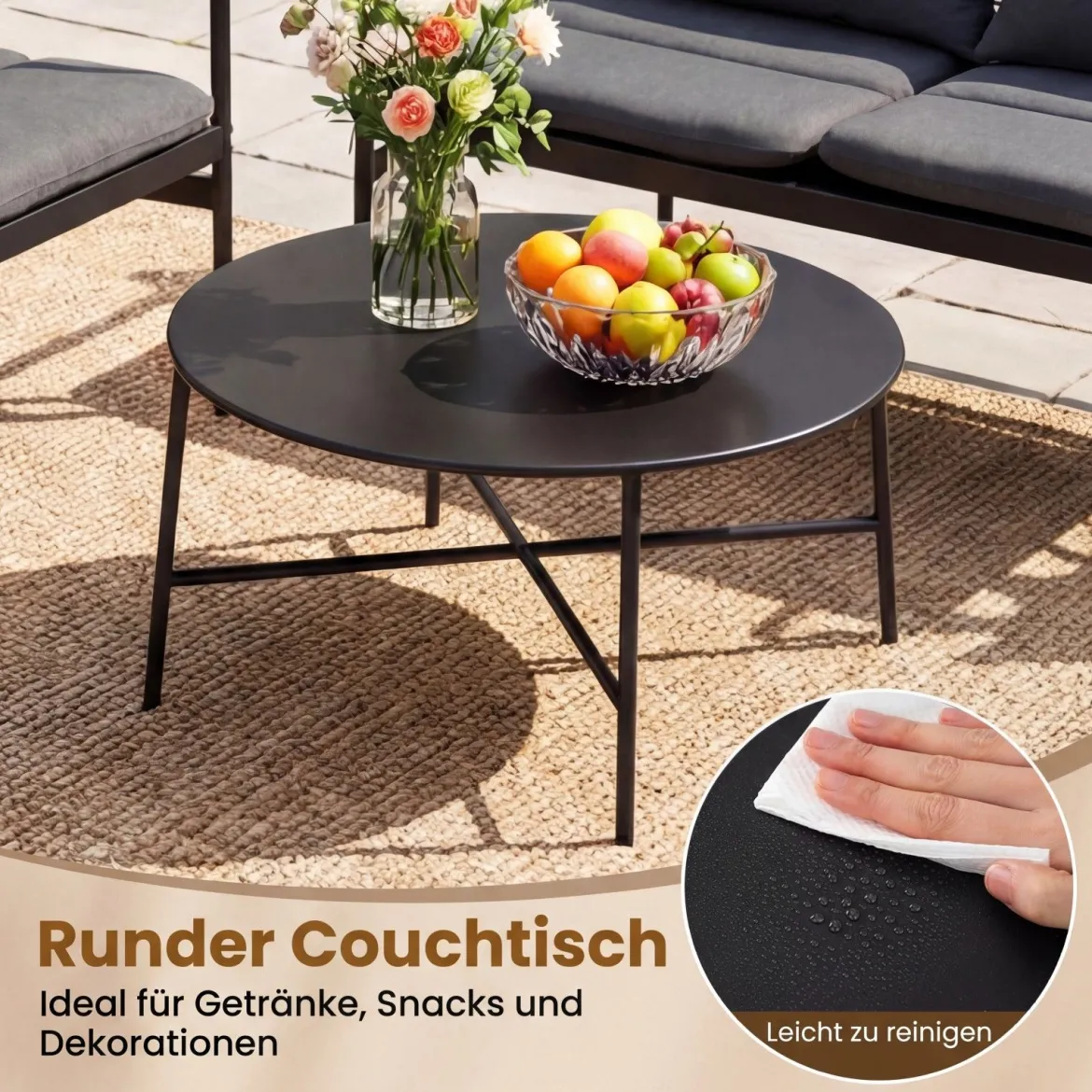 4-teiliges Gartenmöbel Sitzgruppe aus PE-Ratten mit Zweisitzer 2 Sessel & Couchtisch Grau
