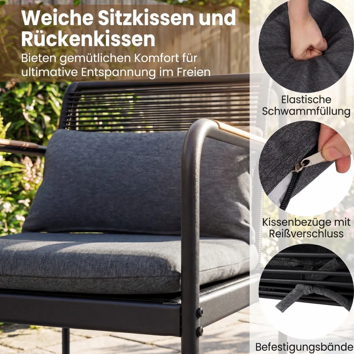 4-teiliges Gartenmöbel Sitzgruppe aus PE-Ratten mit Zweisitzer 2 Sessel & Couchtisch Grau