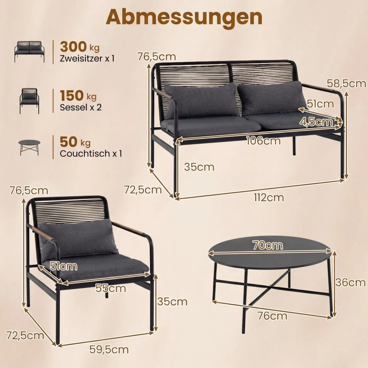 4-teiliges Gartenmöbel Sitzgruppe aus PE-Ratten mit Zweisitzer 2 Sessel & Couchtisch Grau