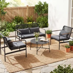 4-teiliges Gartenmöbel Sitzgruppe aus PE-Ratten mit Zweisitzer 2 Sessel & Couchtisch Grau
