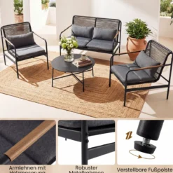 4-teiliges Gartenmöbel Sitzgruppe aus PE-Ratten mit Zweisitzer 2 Sessel & Couchtisch Grau