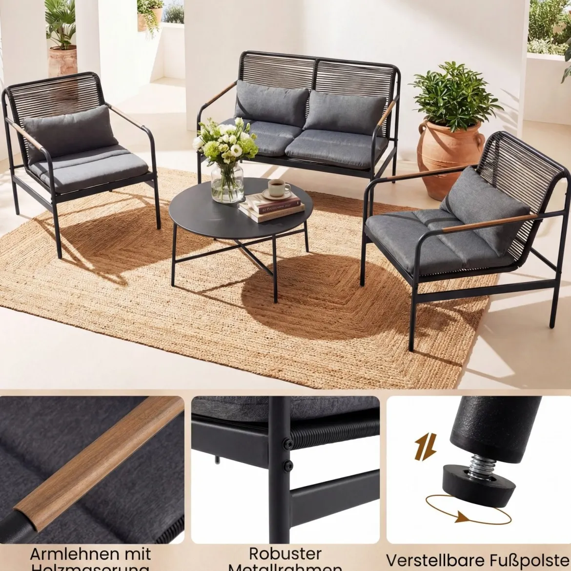 4-teiliges Gartenmöbel Sitzgruppe aus PE-Ratten mit Zweisitzer 2 Sessel & Couchtisch Grau