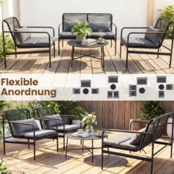 4-teiliges Gartenmöbel Sitzgruppe aus PE-Ratten mit Zweisitzer 2 Sessel & Couchtisch Grau
