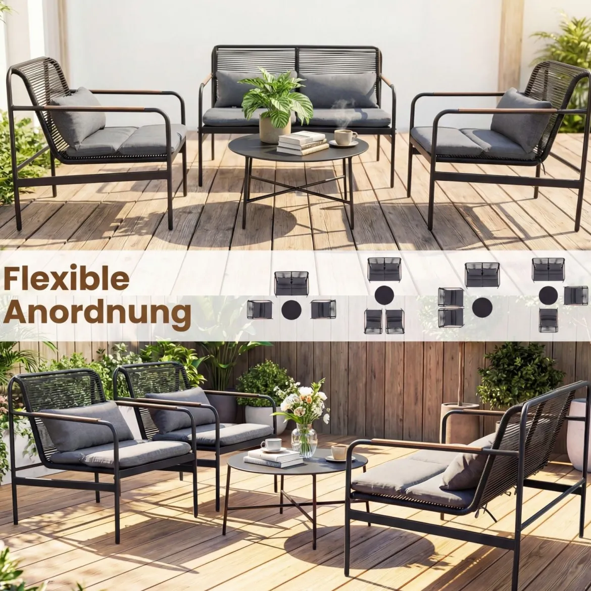 4-teiliges Gartenmöbel Sitzgruppe aus PE-Ratten mit Zweisitzer 2 Sessel & Couchtisch Grau