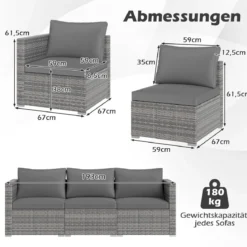3-teiliges Gartensofa Set Lounge Sofa 3 Sitzer aus PE Rattan Modulares Sofa mit weichen Kissen Grau