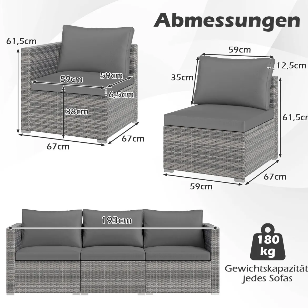 3-teiliges Gartensofa Set Lounge Sofa 3 Sitzer aus PE Rattan Modulares Sofa mit weichen Kissen Grau