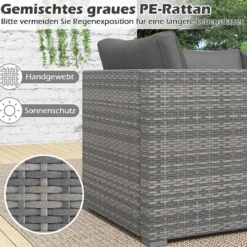 3-teiliges Gartensofa Set Lounge Sofa 3 Sitzer aus PE Rattan Modulares Sofa mit weichen Kissen Grau