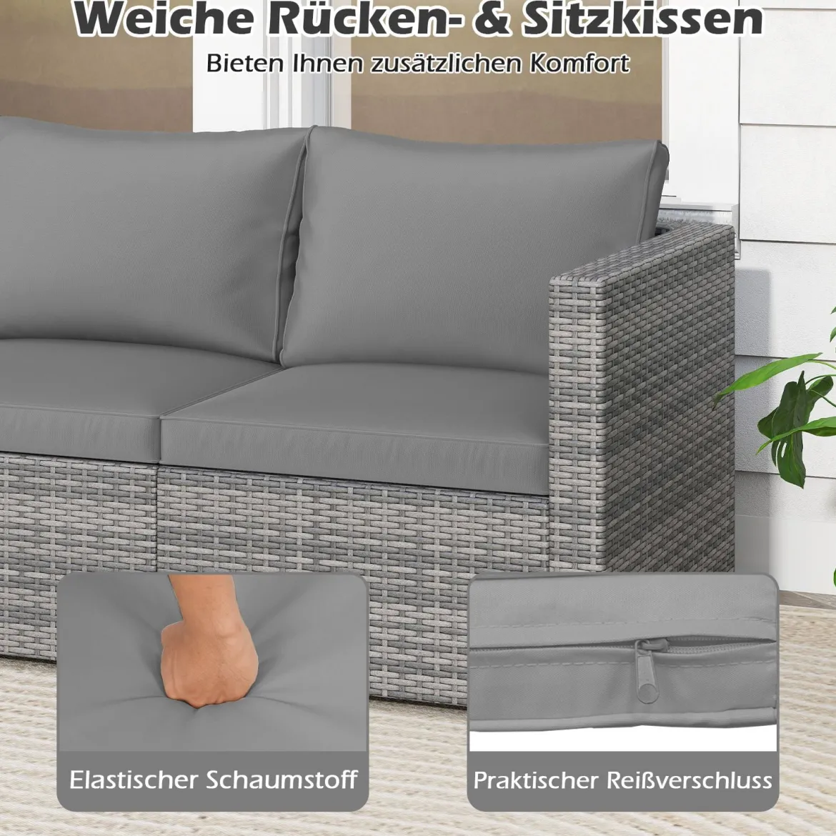 3-teiliges Gartensofa Set Lounge Sofa 3 Sitzer aus PE Rattan Modulares Sofa mit weichen Kissen Grau