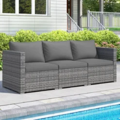 3-teiliges Gartensofa Set Lounge Sofa 3 Sitzer aus PE Rattan Modulares Sofa mit weichen Kissen Grau