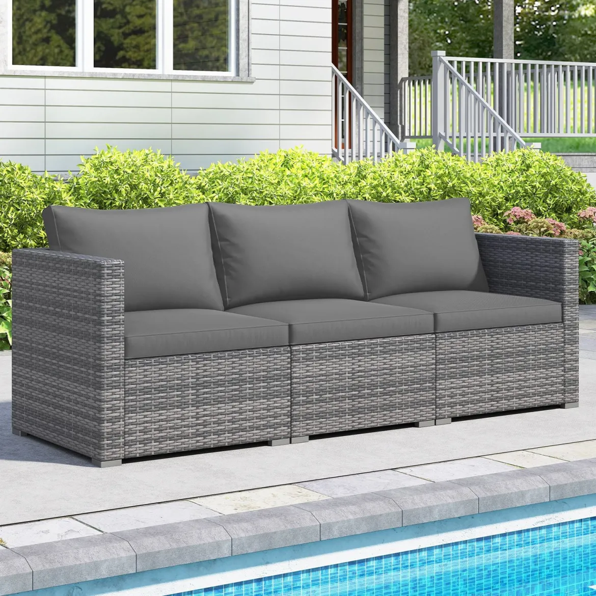 3-teiliges Gartensofa Set Lounge Sofa 3 Sitzer aus PE Rattan Modulares Sofa mit weichen Kissen Grau