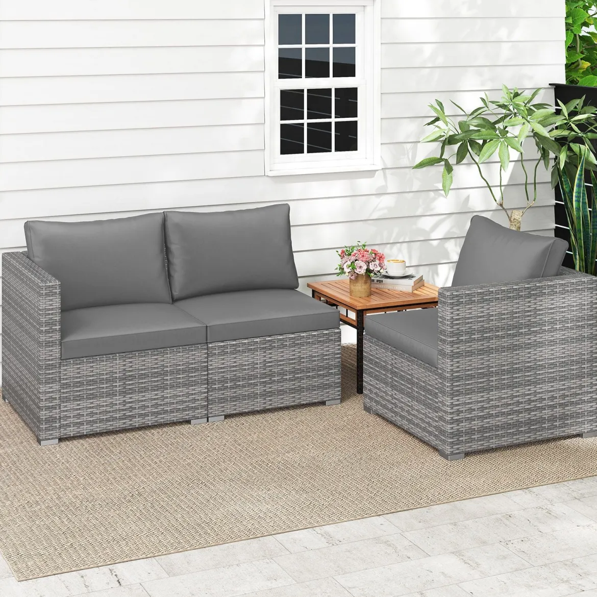 3-teiliges Gartensofa Set Lounge Sofa 3 Sitzer aus PE Rattan Modulares Sofa mit weichen Kissen Grau
