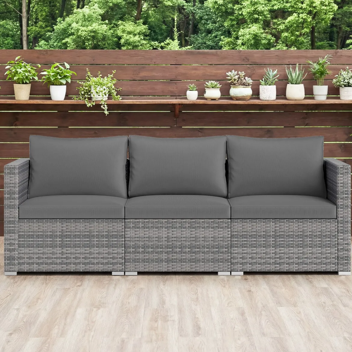 3-teiliges Gartensofa Set Lounge Sofa 3 Sitzer aus PE Rattan Modulares Sofa mit weichen Kissen Grau