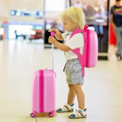 2-teiliges Handgepäck-Set mit Spinner-Rädern rollender Hartschalen-Koffer und Rucksack Rosa Einhorn 12"+16"