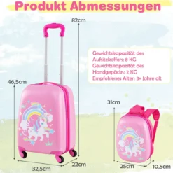 2-teiliges Handgepäck-Set mit Spinner-Rädern rollender Hartschalen-Koffer und Rucksack Rosa Einhorn 12"+16"