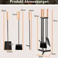 4-teiliges Kaminwerkzeug-Set robustes Metall-Feuerstellen-Kit mit Schürhaken Schaufel Bürste und stabiler Halterung Schwarz