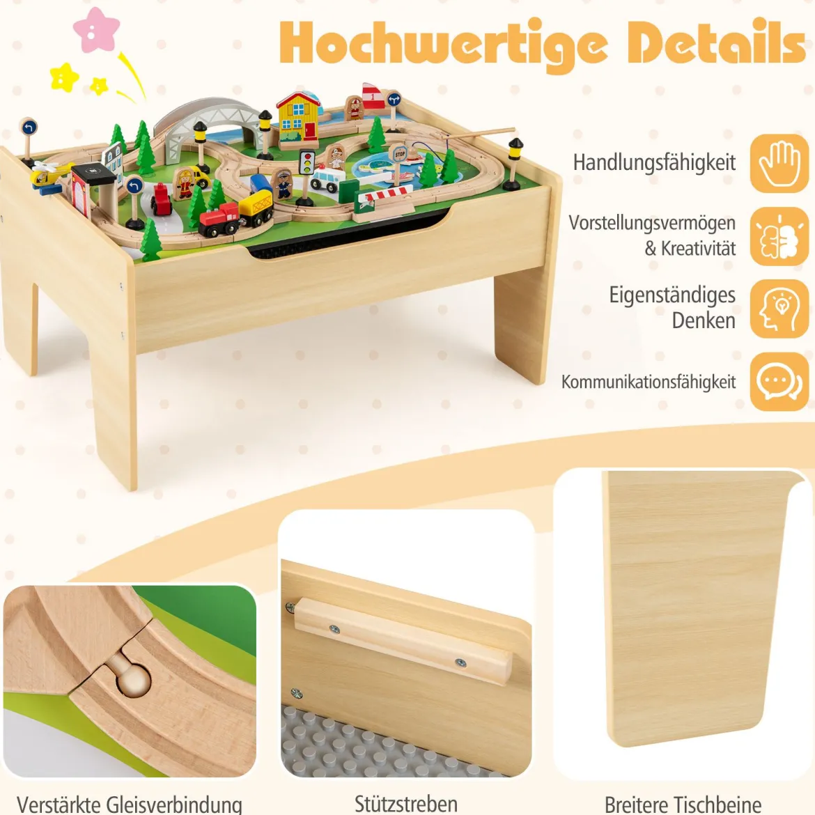78 teiliges Kinder Eisenbahn Set 5 in 1 Holz Eisenbahntisch mit Umkehrbarer Tischplatte & Tafel