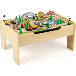 78 teiliges Kinder Eisenbahn Set 5 in 1 Holz Eisenbahntisch mit Umkehrbarer Tischplatte & Tafel