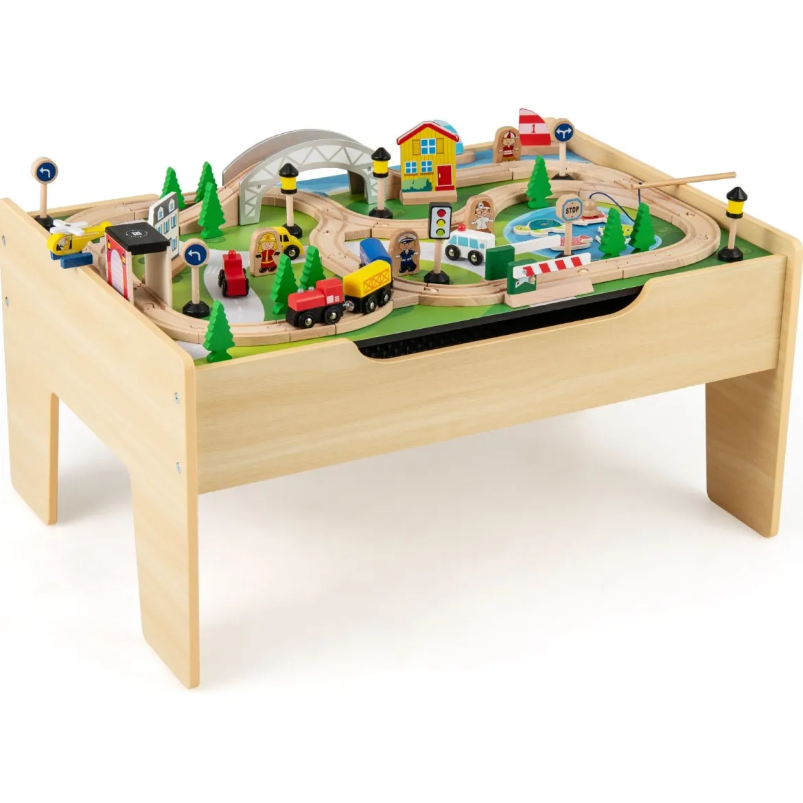 78 teiliges Kinder Eisenbahn Set 5 in 1 Holz Eisenbahntisch mit Umkehrbarer Tischplatte & Tafel