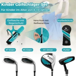 4-teiliges Kinder Golfschläger Set mit Golftasche & Regenhaube für Kinder von 8-10 Jahren Blau