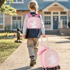 4 teiliges Kinderkoffer + Rucksack 10”+14” Kindertrolley mit Rollen Blau/Schwarz/Rosa 35L Reisekoffer