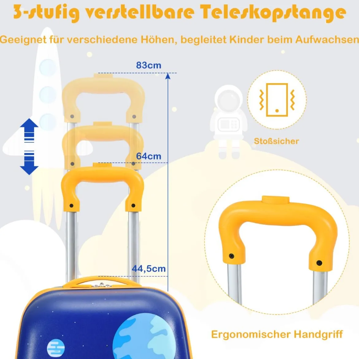 2-teiliges Kinderkoffer-Set mit Astronautenmuster Rucksack & Koffer 27 x 20 x 43 cm Dunkelblau