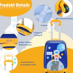 2-teiliges Kinderkoffer-Set mit Astronautenmuster Rucksack & Koffer 27 x 20 x 43 cm Dunkelblau