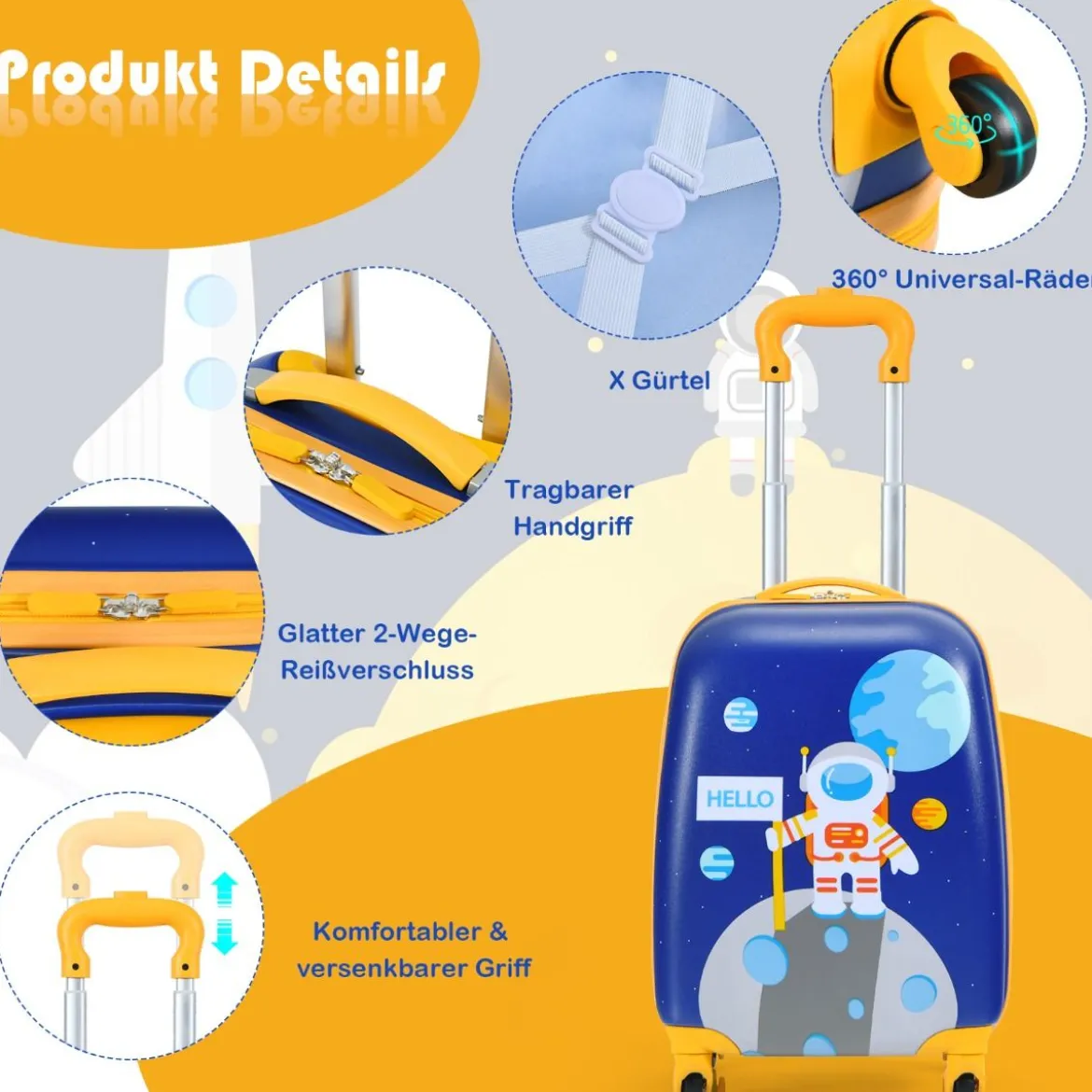 2-teiliges Kinderkoffer-Set mit Astronautenmuster Rucksack & Koffer 27 x 20 x 43 cm Dunkelblau