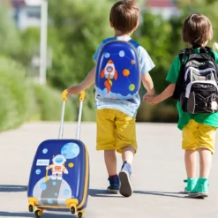 2-teiliges Kinderkoffer-Set mit Astronautenmuster Rucksack & Koffer 27 x 20 x 43 cm Dunkelblau