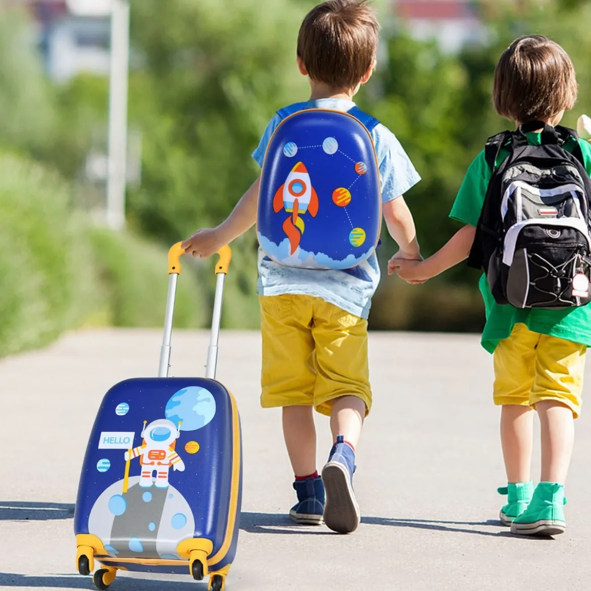 2-teiliges Kinderkoffer-Set mit Astronautenmuster Rucksack & Koffer 27 x 20 x 43 cm Dunkelblau
