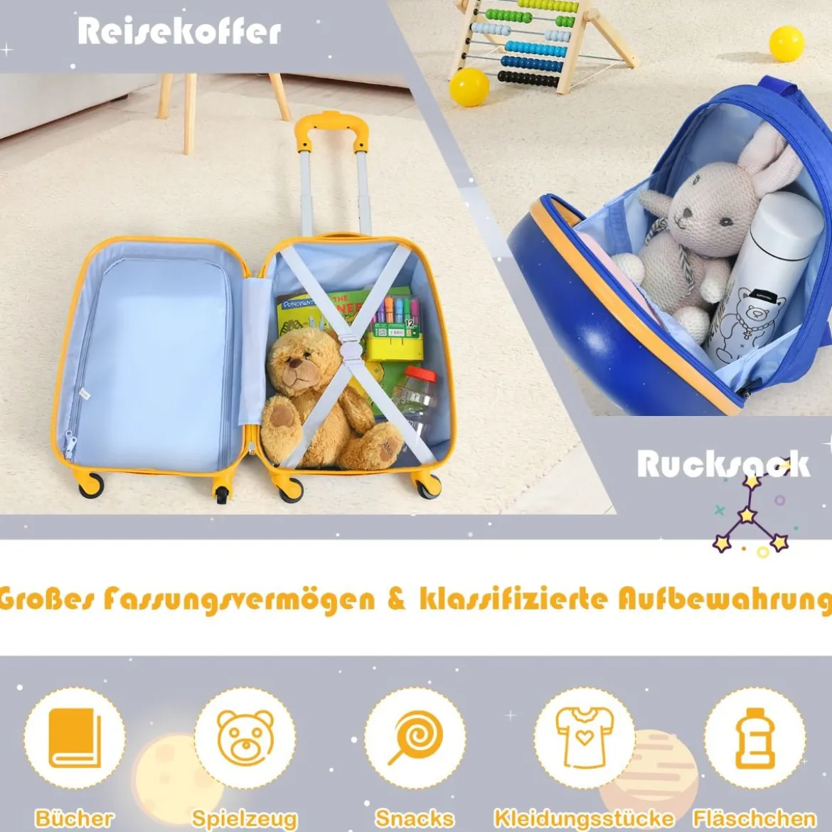 2-teiliges Kinderkoffer-Set mit Astronautenmuster Rucksack & Koffer 27 x 20 x 43 cm Dunkelblau