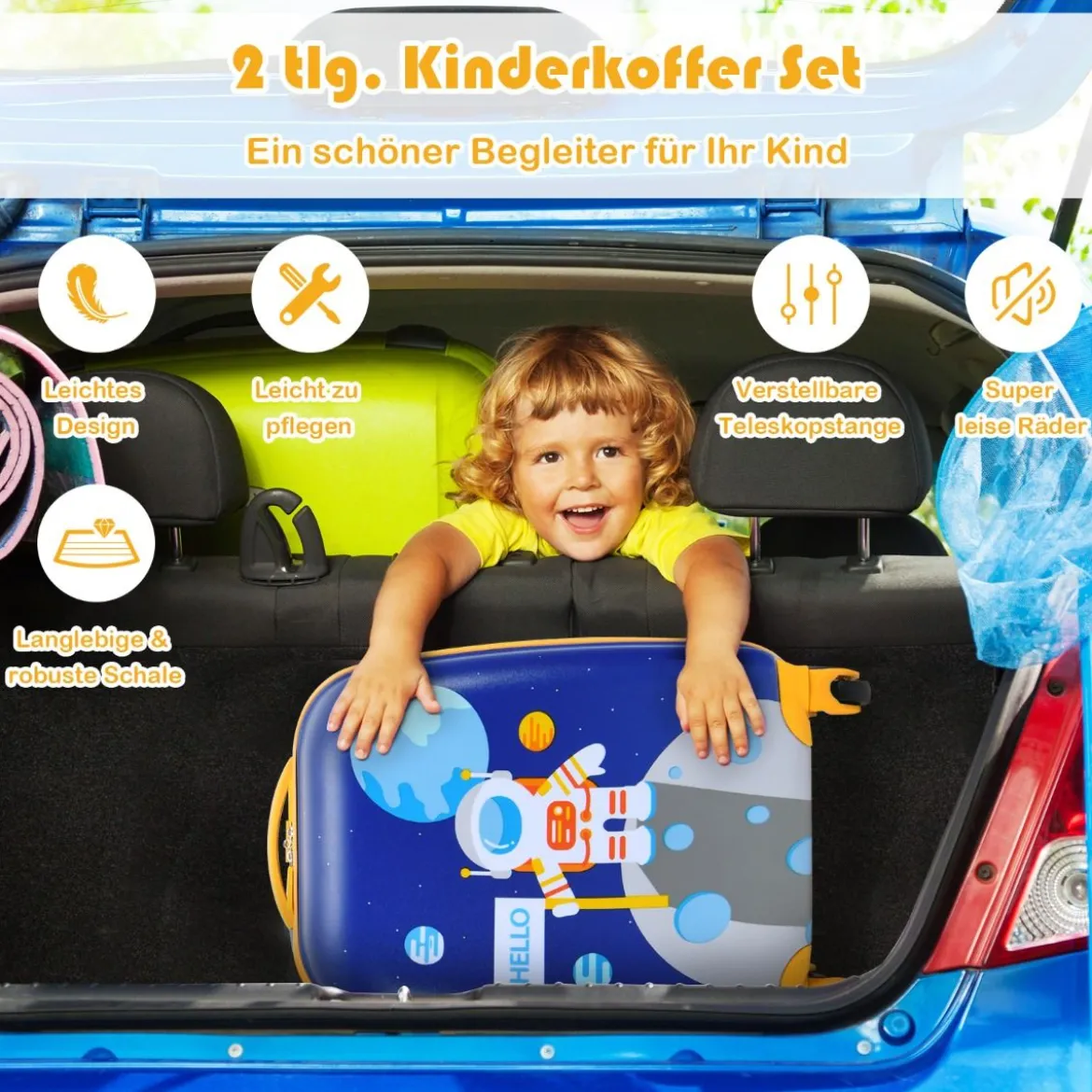 2-teiliges Kinderkoffer-Set mit Astronautenmuster Rucksack & Koffer 27 x 20 x 43 cm Dunkelblau