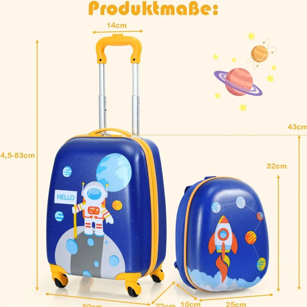 2-teiliges Kinderkoffer-Set mit Astronautenmuster Rucksack & Koffer 27 x 20 x 43 cm Dunkelblau