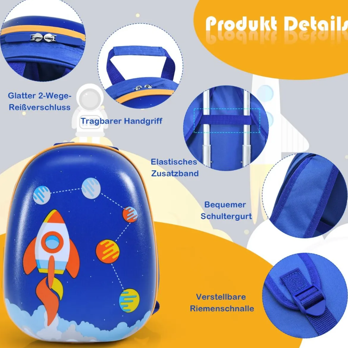 2-teiliges Kinderkoffer-Set mit Astronautenmuster Rucksack & Koffer 27 x 20 x 43 cm Dunkelblau