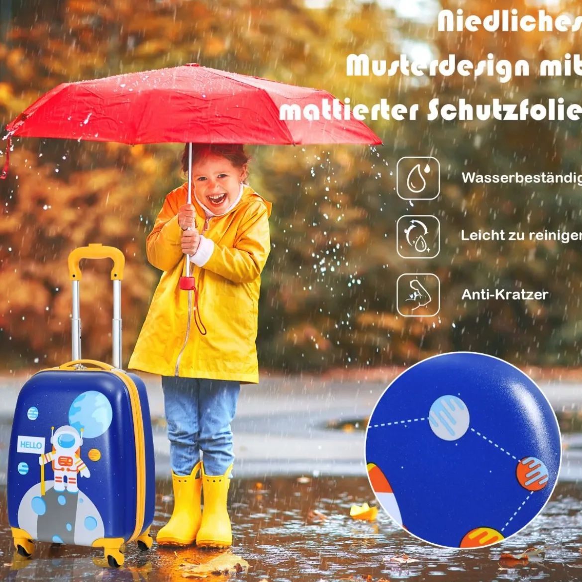 2-teiliges Kinderkoffer-Set mit Astronautenmuster Rucksack & Koffer 27 x 20 x 43 cm Dunkelblau